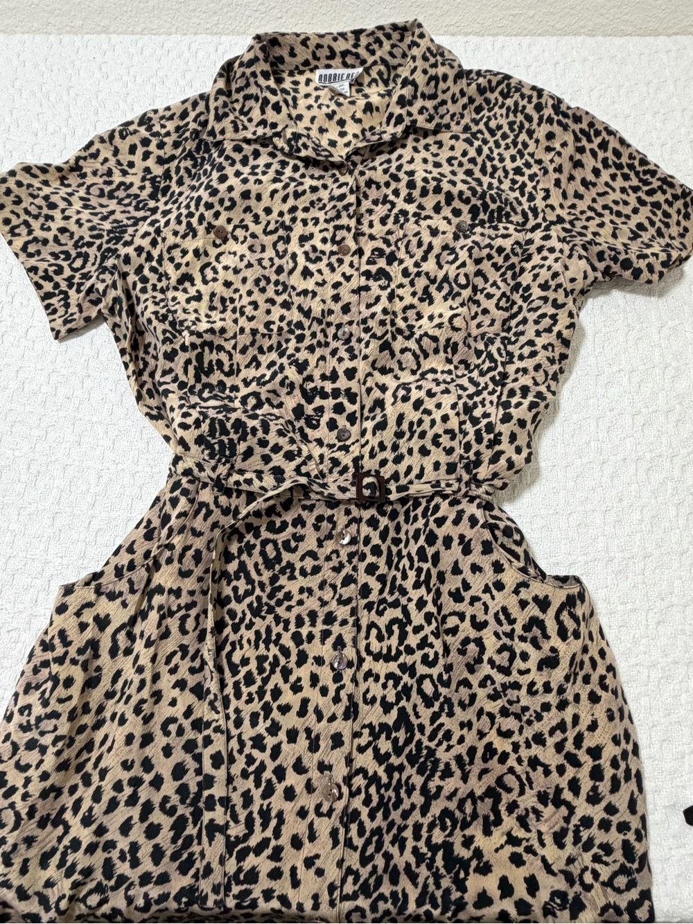 Robbie Bee Tan and Black Leopard Print Short-Sleeve Dress with Belt